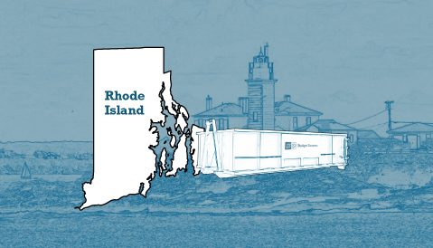 Outline of the State of Rhode Island and a Budget Dumpster Over an Illustrated Landscape Photograph