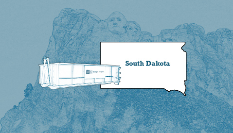 Outline of the State of South Dakota and a Budget Dumpster Over an Illustrated Photograph of Mount Rushmore