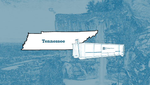Outline of the State of Tennessee and a Budget Dumpster Over an Illustrated Landscape Photograph