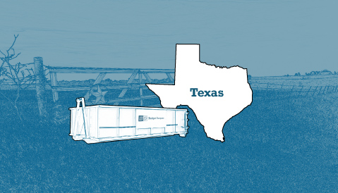 Outline of the State of Texas and a Budget Dumpster Over an Illustrated Landscape Photograph