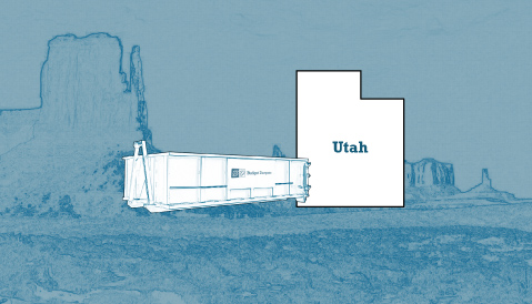 Outline of the State of Utah and a Budget Dumpster Over an Illustrated Landscape Photograph