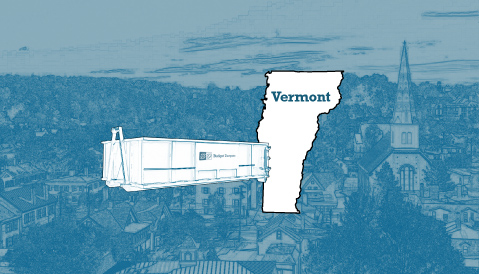 Outline of the State of Vermont and a Budget Dumpster Over an Illustrated Cityscape