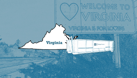 Outline of the State of Virginia and a Budget Dumpster Over an Illustrated Photograph of a Highway