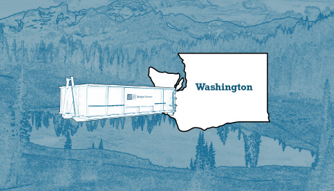 Outline of the State of Washington and a Budget Dumpster Over an Illustrated Landscape Photograph