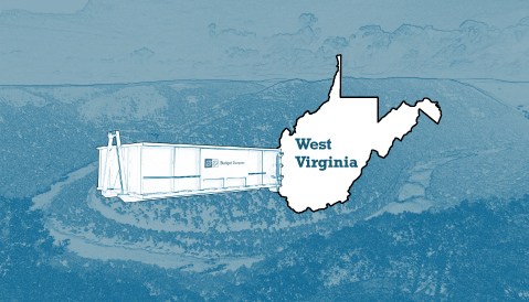 Outline of the State of West Virginia and a Budget Dumpster Over an Illustrated Landscape Photograph