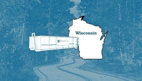 Outline of the State of Wisconsin and a Budget Dumpster Over an Illustrated Landscape Photograph