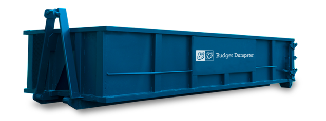 Blue roll off dumpster with the Budget Dumpster logo.